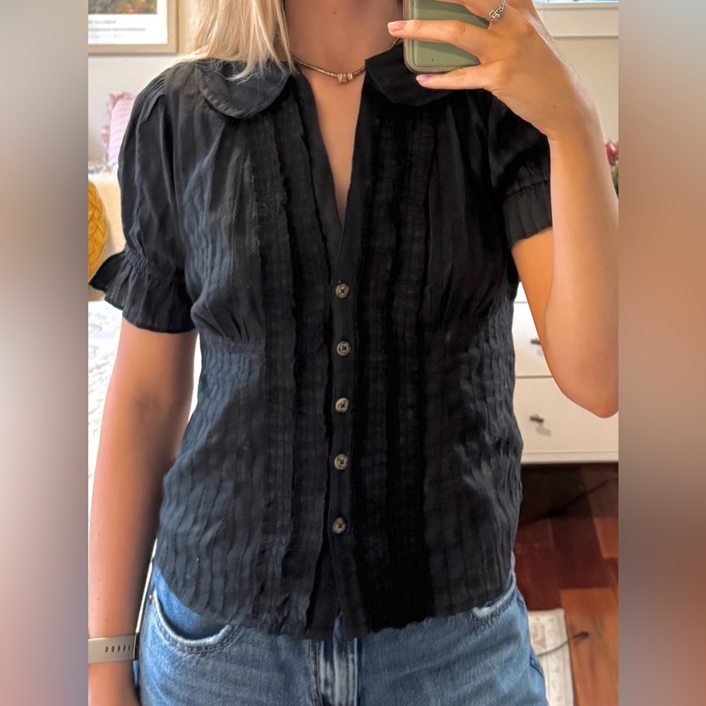 The Kiera Waisted Tuxedo-front Blouse by Pilcro